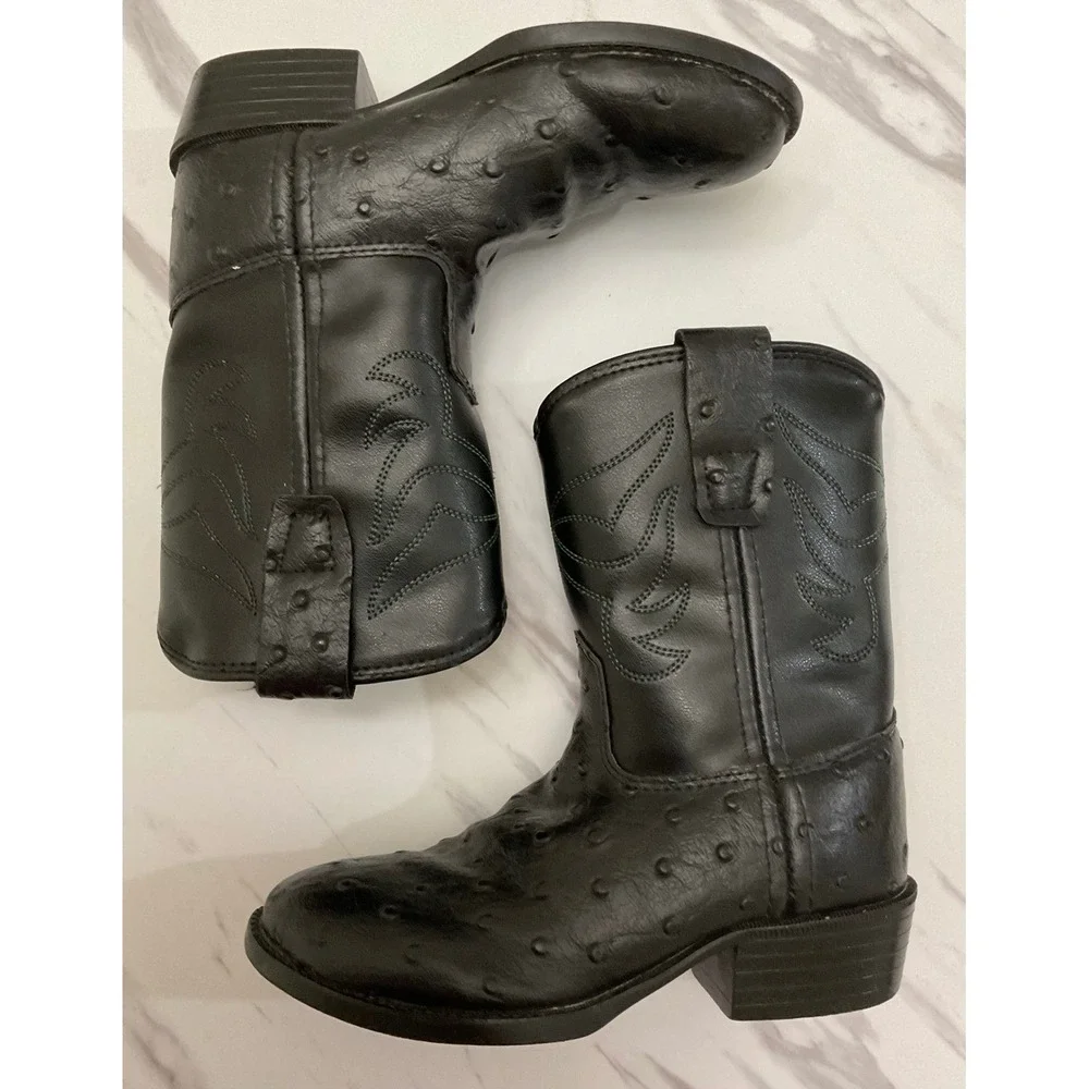 Old West Kids Black Faux Ostrich Western Cowboy Boots Round Toe Size 7.5 2010